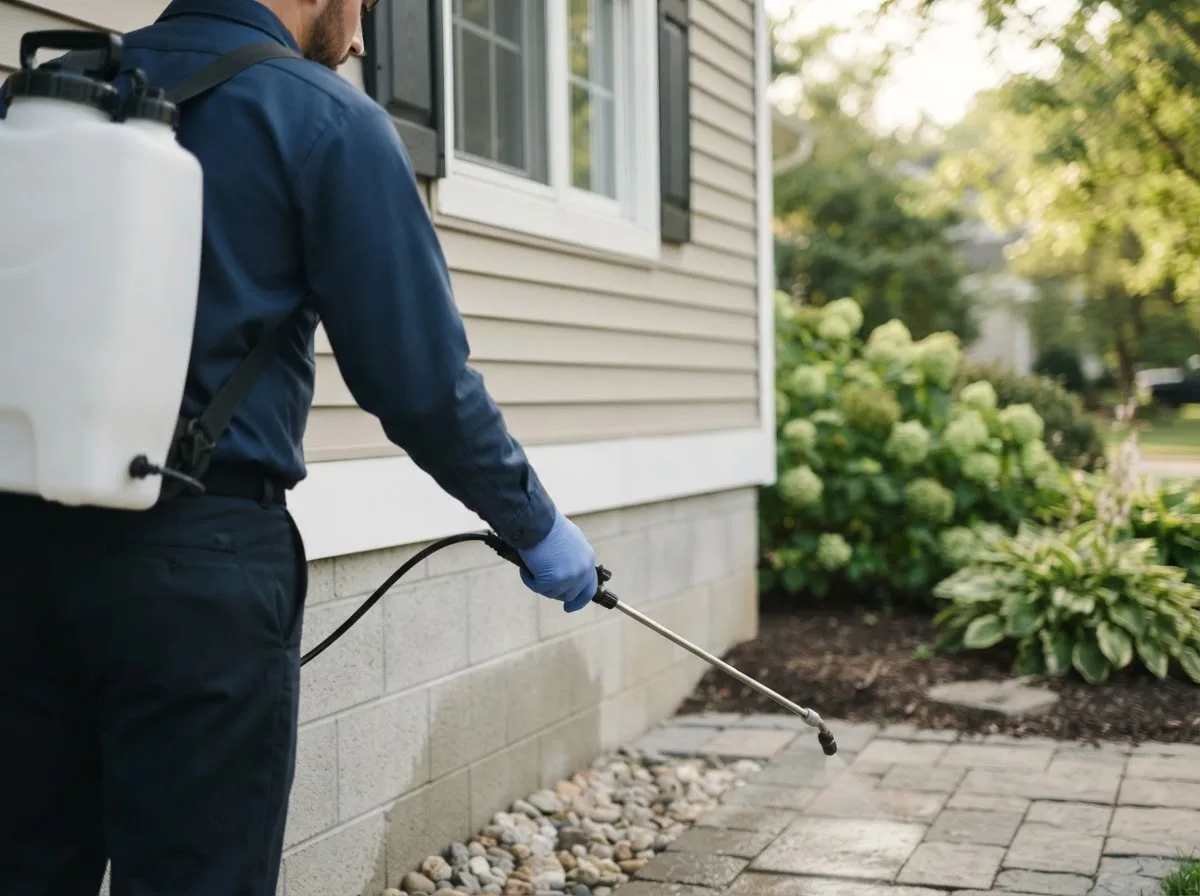 Pest control technician inspecting a home in Depauville, NY